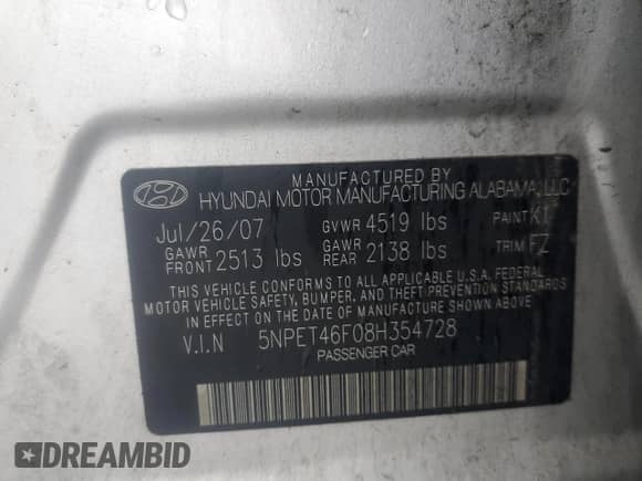 2008 Hyundai Sonata GLS with VIN 5NPET46F08H354728, listed as a Copart auction lot 61333704 with Not provided miles and Salvage title. Bid and sale history available at DreamBid. Image 14.