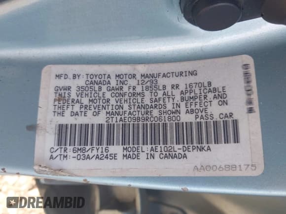 ✅ 1994 Toyota Corolla Deluxe • VIN: 2T1AE09B9RC061800 • Lot: 42561081. Wystawiony na IAAI z przebiegiem 153 251 mil. Bezpłatny archiwum sprzedaży aukcyjnych z USA i szczegółowy raport historii pojazdu na DreamBid. Zdjęcie 9.