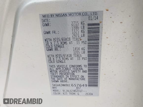 ✅ 2014 Nissan Pathfinder SL • VIN: 5N1AR2MN9EC657649 • Lot: 43487256. Listed on IAAI with 106,190 mi. Free auction sales archive from the USA and detailed vehicle history report at DreamBid. Image 9.