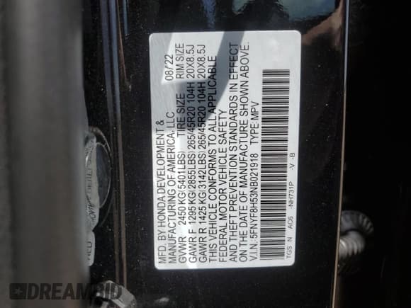 ✅ 2022 Honda Passport EX-L • VIN: 5FNYF8H53NB021918 • Lot: 61624245. Listed on Copart with 10,066 mi. Free auction sales archive from the USA and detailed vehicle history report at DreamBid. Image 13.