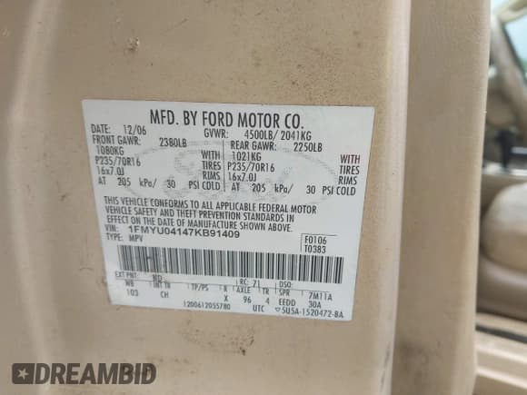 ✅ 2007 Ford Escape Limited • VIN: 1FMYU04147KB91409 • Лот: 42896072. Опубликован ранее на IAAI с пробегом 171 642 миль. Бесплатный доступ к архиву аукционных продаж из США и подробный отчёт об истории автомобиля на DreamBid. Изображение 9.