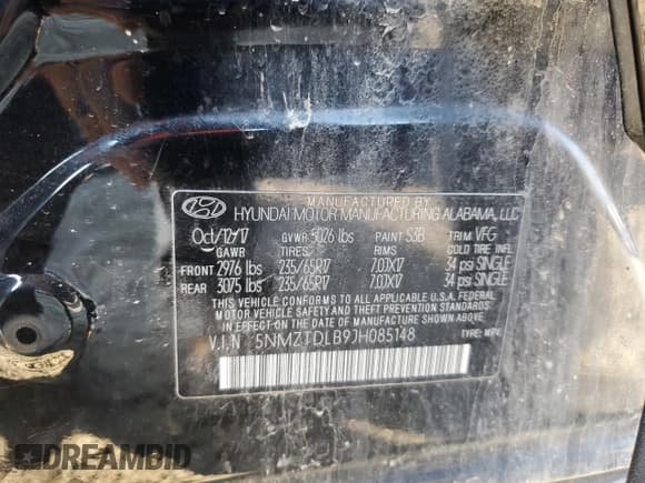 ✅ 2018 Hyundai Santa Fe 2.4L • VIN: 5NMZTDLB9JH085148 • Lot: 36122073. Listed on Copart with 126,521 mi. Free auction sales archive from the USA and detailed vehicle history report at DreamBid. Image 12.