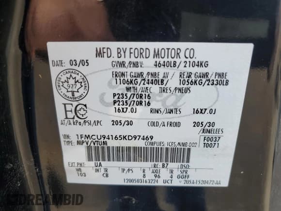 ✅ 2005 Ford Escape Limited • VIN: 1FMCU94165KD97469 • Lot: 59665514. Wystawiony na Copart z przebiegiem 340 065 mil. Bezpłatny archiwum sprzedaży aukcyjnych z USA i szczegółowy raport historii pojazdu na DreamBid. Zdjęcie 13.