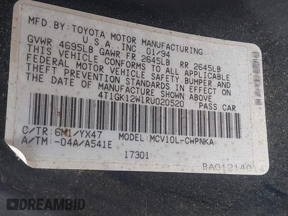 ✅ 1994 Toyota Camry LE • VIN: 4T1GK12W1RU020520 • Lot: 42767455. Wystawiony na IAAI z przebiegiem 276 166 mil. Bezpłatny archiwum sprzedaży aukcyjnych z USA i szczegółowy raport historii pojazdu na DreamBid. Zdjęcie 9.