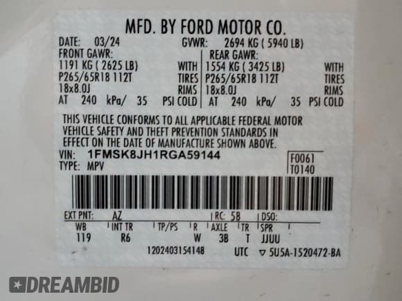 ✅ 2024 Ford Explorer Timberline • VIN: 1FMSK8JH1RGA59144 • Lot: 67985175. Wystawiony na Copart z przebiegiem 14 129 mil. Bezpłatny archiwum sprzedaży aukcyjnych z USA i szczegółowy raport historii pojazdu na DreamBid. Zdjęcie 13.