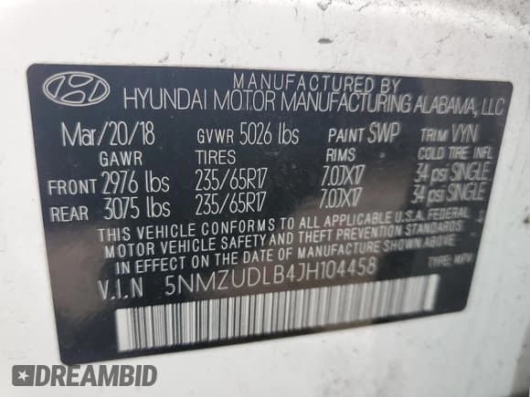 ✅ 2018 Hyundai Santa Fe 2.4L • VIN: 5NMZUDLB4JH104458 • Лот: 70008413. Опубликован ранее на Copart с пробегом 56 961 миль. Бесплатный доступ к архиву аукционных продаж из США и подробный отчёт об истории автомобиля на DreamBid. Изображение 12.