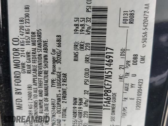 ✅ 2022 Ford Mustang GT Premium • VIN: 1FA6P8CF7N5146917 • Лот: 69937644. Опубликован ранее на Copart с пробегом 33 893 миль. Бесплатный доступ к архиву аукционных продаж из США и подробный отчёт об истории автомобиля на DreamBid. Изображение 15.