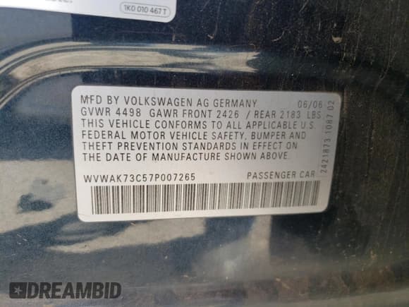 ✅ 2007 Volkswagen Passat 2.0T • VIN: WVWAK73C57P007265 • Lot: 64480075. Wystawiony na Copart z przebiegiem 144 470 mil. Bezpłatny archiwum sprzedaży aukcyjnych z USA i szczegółowy raport historii pojazdu na DreamBid. Zdjęcie 12.