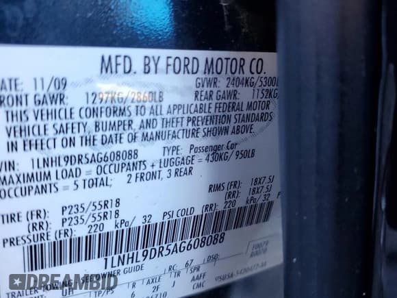 ✅ 2010 Lincoln MKS • VIN: 1LNHL9DR5AG608088 • Lot: 91139355. Listed on Copart with 122,395 mi. Free auction sales archive from the USA and detailed vehicle history report at DreamBid. Image 12.