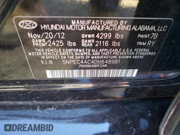 ✅ 2013 Hyundai Sonata SE • VIN: 5NPEC4AC4DH648981 • Lot: 87291975. Listed on Copart with 128,585 mi. Free auction sales archive from the USA and detailed vehicle history report at DreamBid. Image 13.