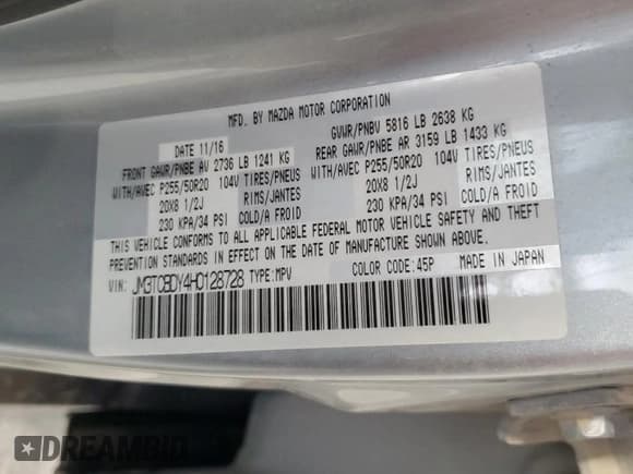 ✅ 2017 Mazda CX-9 Grand Touring • VIN: JM3TCBDY4H0128728 • Lot: 54446885. Listed on Copart with 120,715 mi. Free auction sales archive from the USA and detailed vehicle history report at DreamBid. Image 13.