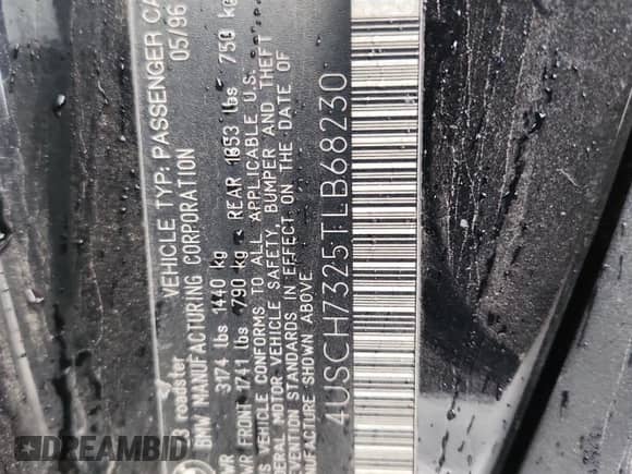 1996 BMW 3 Series Z3 1.9 z VIN 4USCH7325TLB68230, wystawiony jako Copart lot #84016355 z przebiegiem 74 133 mil mil oraz Szkoda całkowita • Salvage title. Historia ofert i sprzedaży dostępna na DreamBid. Obrazek 12.