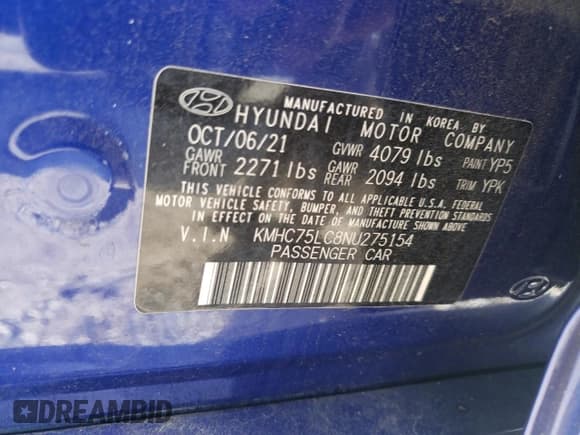 ✅ 2022 Hyundai Ioniq SE • VIN: KMHC75LC8NU275154 • Lot: 82556045. Listed on Copart with 72,715 mi. Free auction sales archive from the USA and detailed vehicle history report at DreamBid. Image 12.