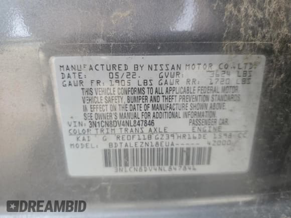 ✅ 2022 Nissan Versa S • VIN: 3N1CN8DV4NL847846 • Lot: 69170025. Wystawiony na Copart z przebiegiem 23 280 mil. Bezpłatny archiwum sprzedaży aukcyjnych z USA i szczegółowy raport historii pojazdu na DreamBid. Zdjęcie 13.