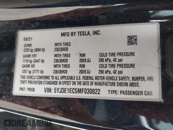 ✅ 2021 Tesla Model 3 Performance • VIN: 5YJ3E1EC5MF030822 • Lot: 41907973. Wystawiony na IAAI z przebiegiem 50 133 mil. Bezpłatny archiwum sprzedaży aukcyjnych z USA i szczegółowy raport historii pojazdu na DreamBid. Zdjęcie 9.