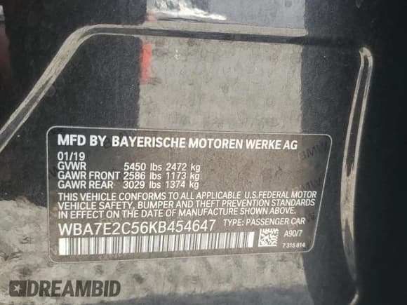 ✅ 2019 BMW 7 Series 740i • VIN: WBA7E2C56KB454647 • Lot: 69255015. Listed on Copart with 148,239 mi. Free auction sales archive from the USA and detailed vehicle history report at DreamBid. Image 12.