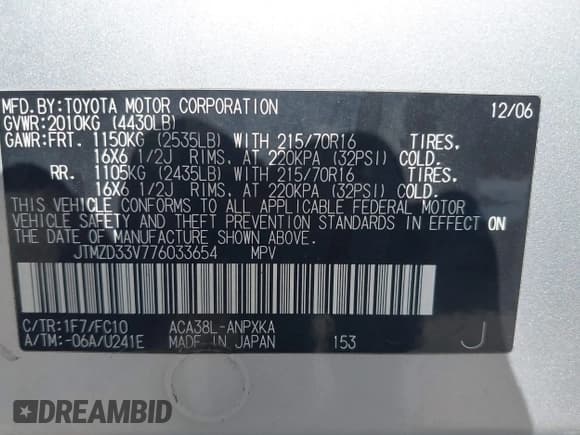 ✅ 2007 Toyota RAV4 • VIN: JTMZD33V776033654 • Лот: 43384010. Опубликован ранее на IAAI с пробегом 142 920 миль. Бесплатный доступ к архиву аукционных продаж из США и подробный отчёт об истории автомобиля на DreamBid. Изображение 9.