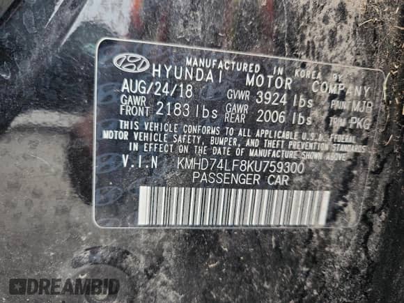 2019 Hyundai Elantra SE with VIN KMHD74LF8KU759300, listed as a Copart auction lot 90129035 with 197,013 mi miles and Clean title. Bid and sale history available at DreamBid. Image 12.