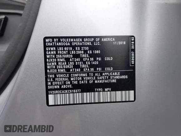 ✅ 2019 Volkswagen Atlas SE • VIN: 1V2UR2CA2KC515377 • Lot: 42981214. Listed on IAAI with 73,872 mi. Free auction sales archive from the USA and detailed vehicle history report at DreamBid. Image 9.