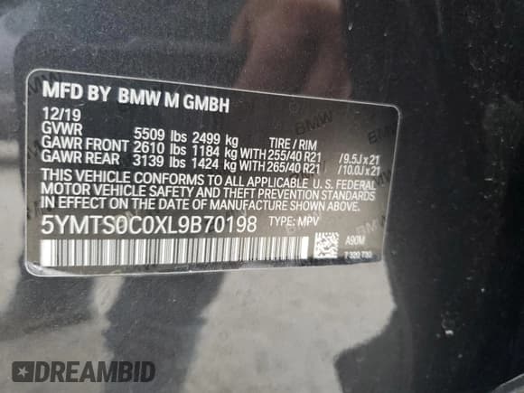 ✅ 2020 BMW X3 M Competition • VIN: 5YMTS0C0XL9B70198 • Lot: 56291694. Listed on Copart with 46,040 mi. Free auction sales archive from the USA and detailed vehicle history report at DreamBid. Image 13.