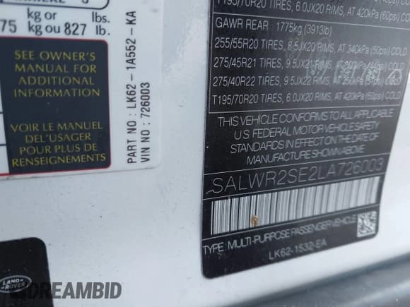 ✅ 2020 Land Rover Range Rover Sport HSE Dynamic • VIN: SALWR2SE2LA726003 • Lot: 41205154. Listed on IAAI with 49,341 mi. Free auction sales archive from the USA and detailed vehicle history report at DreamBid. Image 9.