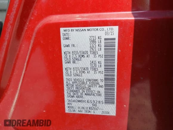 ✅ 2015 Nissan Pathfinder Platinum • VIN: 5N1AR2MM9FC653285 • Lot: 42810357. Listed on IAAI with 82,800 mi. Free auction sales archive from the USA and detailed vehicle history report at DreamBid. Image 9.