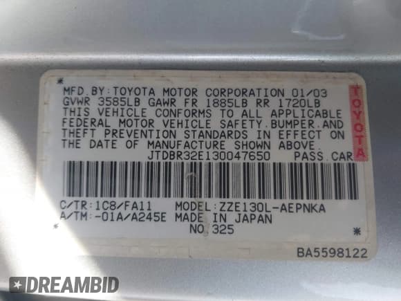 ✅ 2003 Toyota Corolla CE • VIN: JTDBR32E130047650 • Lot: 43674229. Listed on IAAI with 199,742 mi. Free auction sales archive from the USA and detailed vehicle history report at DreamBid. Image 9.