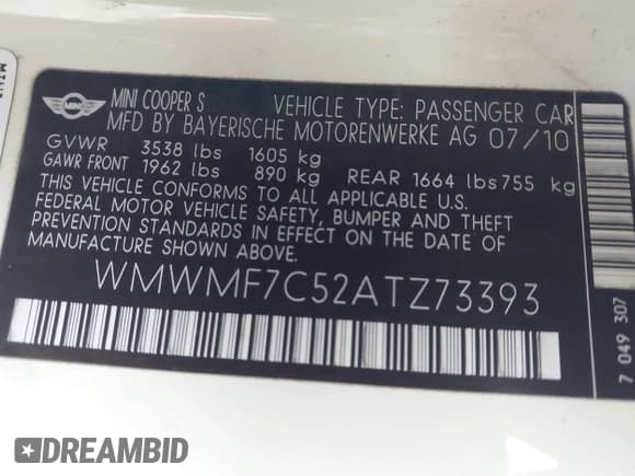 ✅ 2010 MINI Hardtop S • VIN: WMWMF7C52ATZ73393 • Lot: 43536782. Wystawiony na IAAI z przebiegiem 90 612 mil. Bezpłatny archiwum sprzedaży aukcyjnych z USA i szczegółowy raport historii pojazdu na DreamBid. Zdjęcie 9.