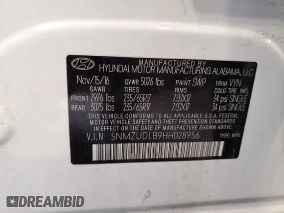 ✅ 2017 Hyundai Santa Fe 2.4L • VIN: 5NMZUDLB9HH028956 • Lot: 91796585. Listed on Copart with 166,257 mi. Free auction sales archive from the USA and detailed vehicle history report at DreamBid. Image 12.