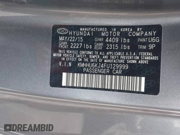 2015 Hyundai Genesis Coupe Ultimate with VIN KMHHU6KJ4FU129999, listed as a IAAI auction lot 43353324 with 71,869 mi miles and . Bid and sale history available at DreamBid. Image 9.