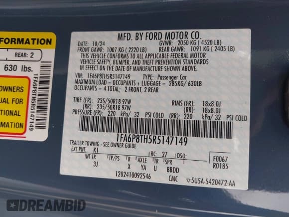 ✅ 2024 Ford Mustang EcoBoost Premium • VIN: 1FA6P8TH5R5147149 • Lot: 43300846. Listed on IAAI with 17,425 mi. Free auction sales archive from the USA and detailed vehicle history report at DreamBid. Image 9.