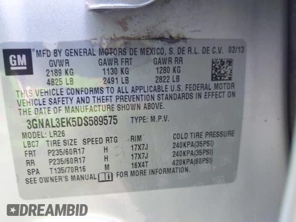 ✅ 2013 Chevrolet Captiva Sport LT • VIN: 3GNAL3EK5DS589575 • Lot: 42225395. Wystawiony na IAAI z przebiegiem 134 873 mil. Bezpłatny archiwum sprzedaży aukcyjnych z USA i szczegółowy raport historii pojazdu na DreamBid. Zdjęcie 9.