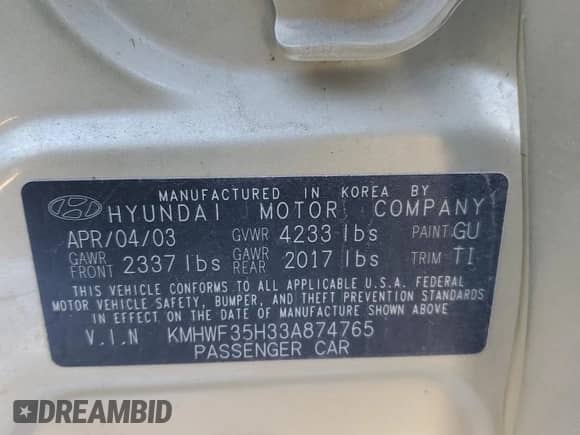 2003 Hyundai Sonata GLS z VIN KMHWF35H33A874765, wystawiony jako Copart lot #43804495 z przebiegiem 168 242 mil mil oraz Szkoda całkowita • Salvage title. Historia ofert i sprzedaży dostępna na DreamBid. Obrazek 14.