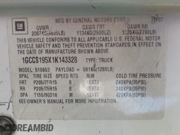 ✅ 2001 Chevrolet S-10 LS • VIN: 1GCCS195X1K143328 • Лот: 41420982. Опубликован ранее на IAAI с пробегом 282 852 миль. Бесплатный доступ к архиву аукционных продаж из США и подробный отчёт об истории автомобиля на DreamBid. Изображение 9.
