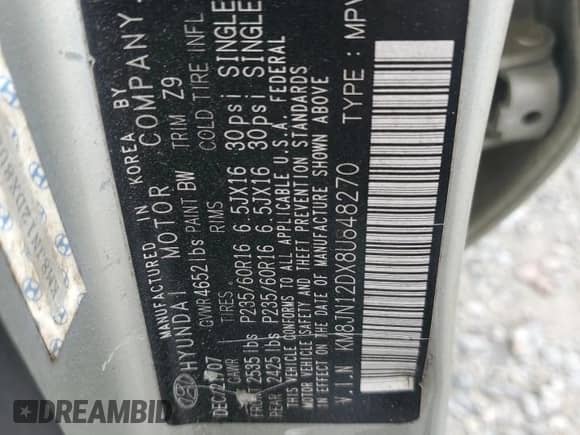 2008 Hyundai Tucson SE с VIN KM8JN12DX8U848270, выставлен на аукционе Copart как лот 85494285 с пробегом 107 657 миль миль и Списание • Salvage title. История ставок и продаж доступна на DreamBid. Изображение 14.