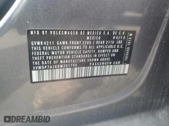 ✅ 2013 Volkswagen Jetta SE • VIN: 3VWDP7AJXDM291796 • Lot: 62010135. Listed on Copart with 135,029 mi. Free auction sales archive from the USA and detailed vehicle history report at DreamBid. Image 12.