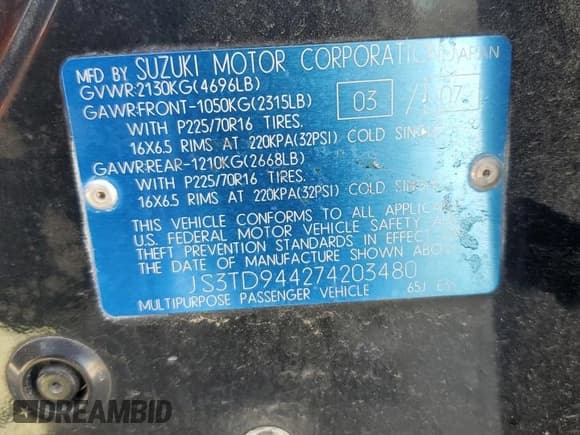 ✅ 2007 Suzuki Grand Vitara XSport • VIN: JS3TD944274203480 • Lot: 81083555. Wystawiony na Copart z przebiegiem 83 121 mil. Bezpłatny archiwum sprzedaży aukcyjnych z USA i szczegółowy raport historii pojazdu na DreamBid. Zdjęcie 13.