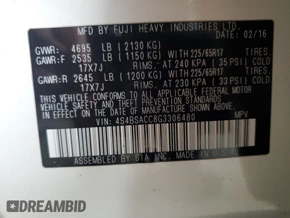 ✅ 2016 Subaru Outback Premium • VIN: 4S4BSACC8G3306480 • Lot: 59075985. Listed on Copart with 40,863 mi. Free auction sales archive from the USA and detailed vehicle history report at DreamBid. Image 13.