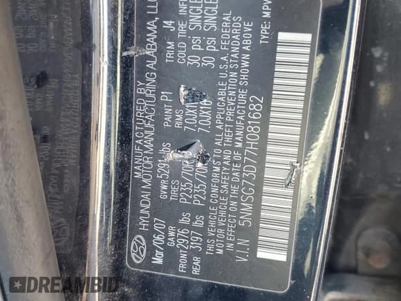 ✅ 2007 Hyundai Santa Fe GLS • VIN: 5NMSG73D77H081682 • Lot: 82709665. Listed on Copart with 149,400 mi. Free auction sales archive from the USA and detailed vehicle history report at DreamBid. Image 13.