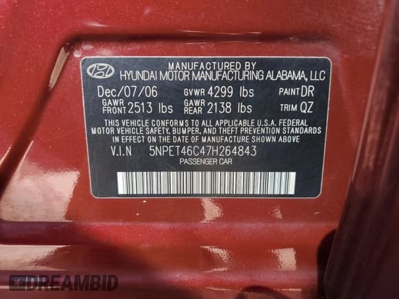 ✅ 2007 Hyundai Sonata GLS • VIN: 5NPET46C47H264843 • Лот: 77370784. Опубликован ранее на Copart с пробегом 58 948 миль. Бесплатный доступ к архиву аукционных продаж из США и подробный отчёт об истории автомобиля на DreamBid. Изображение 12.