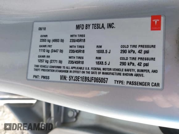 ✅ 2018 Tesla Model 3 Long Range Battery • VIN: 5YJ3E1EB9JF065057 • Lot: 41863903. Listed on IAAI with 54,584 mi. Free auction sales archive from the USA and detailed vehicle history report at DreamBid. Image 9.