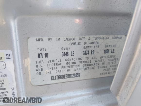 ✅ 2011 Chevrolet Aveo 2LT • VIN: KL1TG6DE2BB128059 • Lot: 42495793. Listed on IAAI with 113,165 mi. Free auction sales archive from the USA and detailed vehicle history report at DreamBid. Image 9.