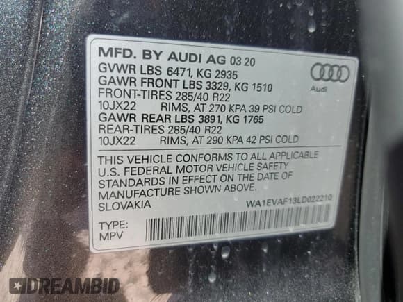 ✅ 2020 Audi Q8 Premium Plus • VIN: WA1EVAF13LD022210 • Лот: 48252815. Опубликован ранее на Copart с пробегом 50 034 миль. Бесплатный доступ к архиву аукционных продаж из США и подробный отчёт об истории автомобиля на DreamBid. Изображение 14.