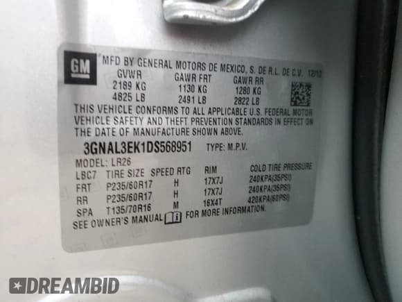 ✅ 2013 Chevrolet Captiva Sport LT • VIN: 3GNAL3EK1DS568951 • Lot: 51174325. Wystawiony na Copart z przebiegiem 56 001 mil. Bezpłatny archiwum sprzedaży aukcyjnych z USA i szczegółowy raport historii pojazdu na DreamBid. Zdjęcie 15.