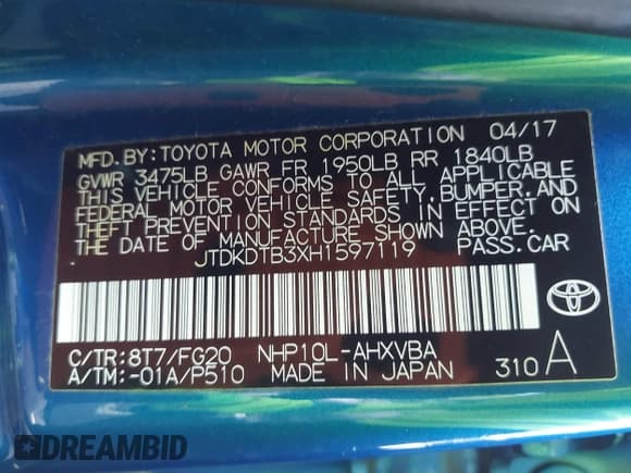 ✅ 2017 Toyota Prius One • VIN: JTDKDTB3XH1597119 • Лот: 42538282. Опубликован ранее на IAAI с пробегом 238 274 миль. Бесплатный доступ к архиву аукционных продаж из США и подробный отчёт об истории автомобиля на DreamBid. Изображение 9.