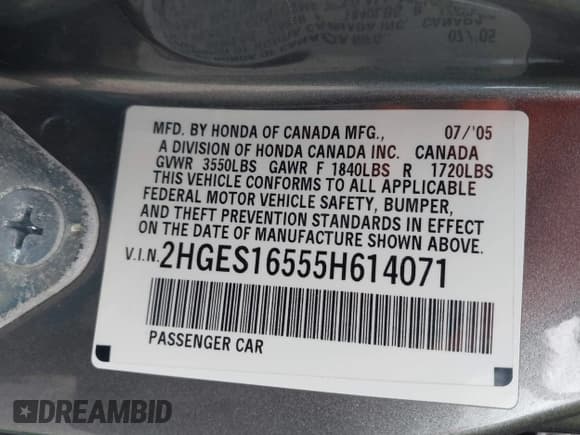 ✅ 2005 Honda Civic LX • VIN: 2HGES16555H614071 • Лот: 43731215. Опубликован ранее на IAAI с пробегом 145 565 миль. Бесплатный доступ к архиву аукционных продаж из США и подробный отчёт об истории автомобиля на DreamBid. Изображение 9.