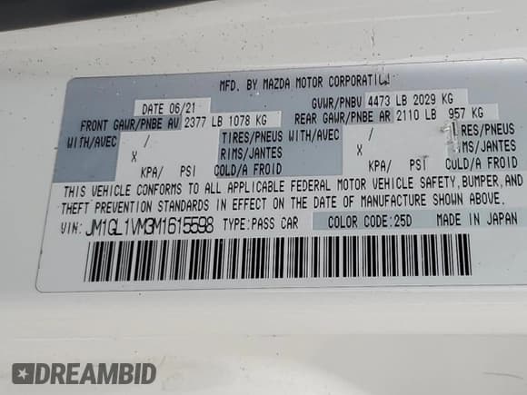 ✅ 2021 Mazda 6 Touring • VIN: JM1GL1VM3M1615598 • Лот: 70013505. Опубликован ранее на Copart с пробегом 51 640 миль. Бесплатный доступ к архиву аукционных продаж из США и подробный отчёт об истории автомобиля на DreamBid. Изображение 12.