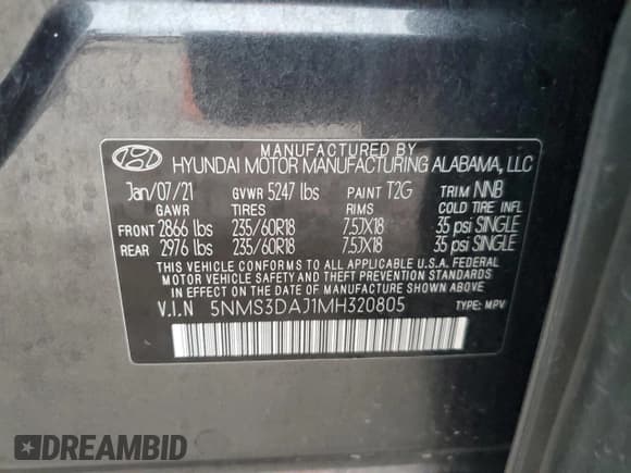 ✅ 2021 Hyundai Santa Fe SEL • VIN: 5NMS3DAJ1MH320805 • Lot: 46473934. Wystawiony na Copart z przebiegiem 52 080 mil. Bezpłatny archiwum sprzedaży aukcyjnych z USA i szczegółowy raport historii pojazdu na DreamBid. Zdjęcie 12.