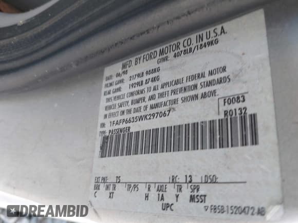 ✅ 1998 Ford Contour SE Fleet • VIN: 1FAFP6635WK297067 • Lot: 43626936. Wystawiony na IAAI z przebiegiem 104 020 mil. Bezpłatny archiwum sprzedaży aukcyjnych z USA i szczegółowy raport historii pojazdu na DreamBid. Zdjęcie 9.