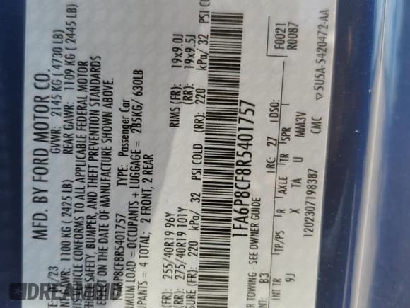 ✅ 2024 Ford Mustang GT • VIN: 1FA6P8CF8R5401757 • Lot: 59434465. Listed on Copart with 30,992 mi. Free auction sales archive from the USA and detailed vehicle history report at DreamBid. Image 12.